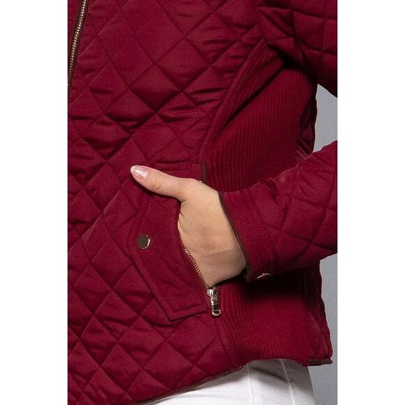 Suede Piping Detail Knit Rib Quilted Padding Jacket Dark Wine - Picture 6 of 7